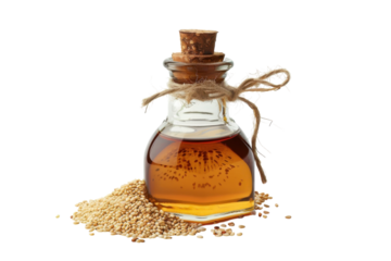 A delicate glass bottle filled with aromatic sesame oil surrounded by golden seeds