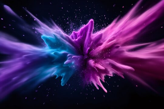 Colorful powder exploding on black background creating abstract shapes