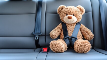 Teddy Bear Secured with Seatbelt in Vehicle Interior