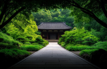 Fototapeta premium serene traditional Japanese temple surrounded by lush greenery, featuring stone pathway leading to entrance. tranquil atmosphere invites reflection and peace