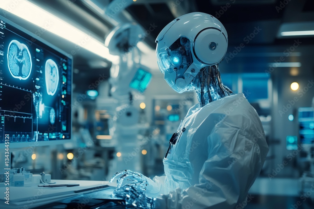Aufkleber medical robot surgeon analyzing brain scan in futuristic laboratory