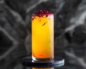 A refreshing cocktail garnished with rose petals, showcasing vibrant colors against a dark background. Perfect for summer gatherings, bars, or culinary arts.