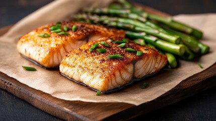 This image showcases beautifully cooked salmon fillets garnished with green onions, paired with vibrant green asparagus, perfect for a healthy meal presentation.