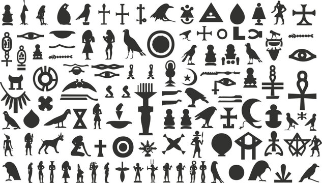 Ancient hieroglyphics and symbolic icons collection in black silhouette