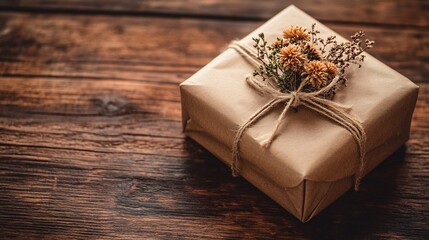 A Square Gift Box Wrapped in Brown Paper and Twine