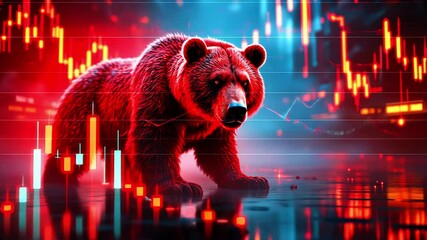 A fierce bear stands amidst a vibrant digital stock market backdrop, symbolizing market volatility - Powered by Adobe