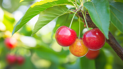 Obraz premium Fresh cherries hanging on a branch in a sunny orchard during summer harvest season
