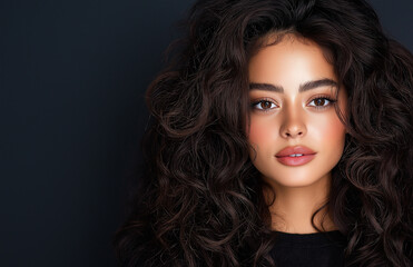 Obraz premium beautiful mixed race woman with long, curly hair poses against dark background, showcasing her striking features and captivating expression