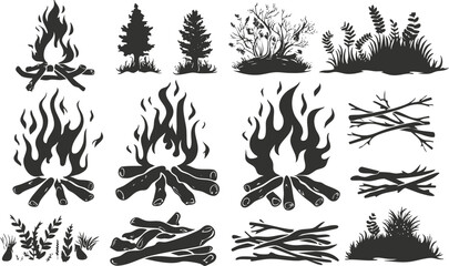 Silhouette collection of campfires, trees, plants, and sticks for outdoor designs