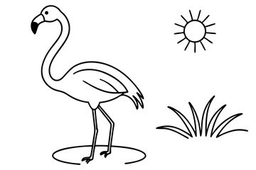 flamingo wading in a pond with the sun shining line art silhouette vector illustration