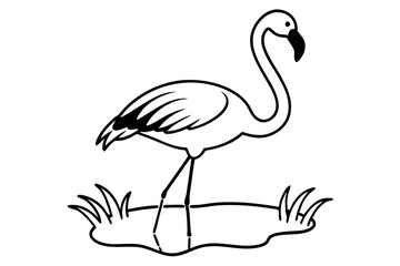 flamingo wading in a pond with the sun shining line art silhouette vector illustration