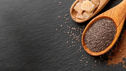 Chia seeds are beautifully complemented by sugary treats, creating a contrast between healthy and indulgent foods in a vibrant culinary composition.