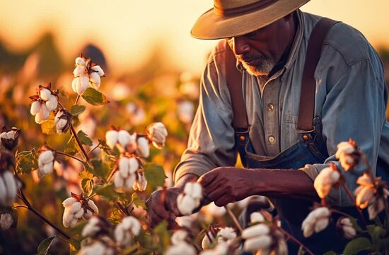 Black slave picking cotton on a plantation in the 19th century