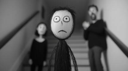 Disturbing Encounter in Black and White, Emotionally Charged Character Surrounded by Unfamiliar Figures, A Tense Moment Captured in Unique Style