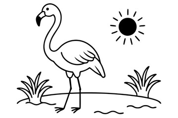 flamingo wading in a pond with the sun shining line art silhouette vector illustration