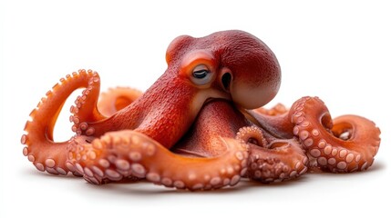 This artistic image features a vividly colored octopus, showcasing its intriguing texture and fluid shape against a minimalist white background, inviting admiration and wonder at marine life.