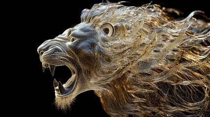 an incredibly detailed 3D photograph of a roaring lion, each strand of its mane individually visible, with lifelike reflections in its piercing eyes. 