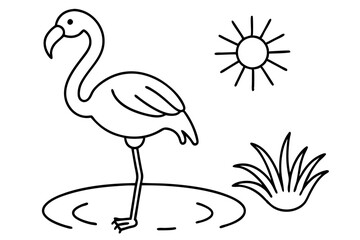 flamingo wading in a pond with the sun shining line art silhouette vector illustration