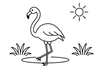 Fototapeta premium flamingo wading in a pond with the sun shining line art silhouette vector illustration