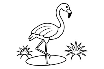Fototapeta premium flamingo wading in a pond with the sun shining line art silhouette vector illustration