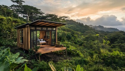 A serene wooden cabin nestled in lush greenery, offering a peaceful retreat among nature