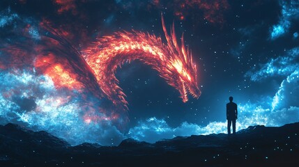 A neon dragon s silhouette glowing in a dark cyber sky