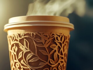 A steaming cup of coffee nestled in a beautifully crafted paper sleeve with intricate leaf patterns, capturing the essence of warmth and comfort.