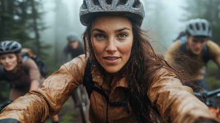 A brave woman enjoying the thrill of mountain biking through a misty forest trail, capturing the spirit of adventure, and the exhilaration of outdoor sports amidst nature's beauty.
