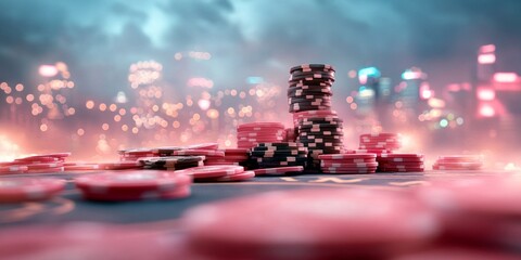 Stacks of red and black chips dominate a casino table as glowing city lights blur in the background, creating an energetic atmosphere filled with excitement