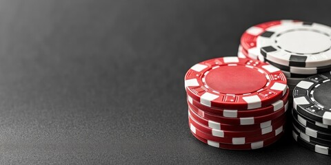 Brightly colored poker chips are stacked on a smooth black table, emphasizing the thrill of gambling and the anticipation of upcoming bets in a casino