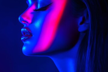 Neon Woman Profile  Blue Pink Light  Glamour Makeup  Closeup Face