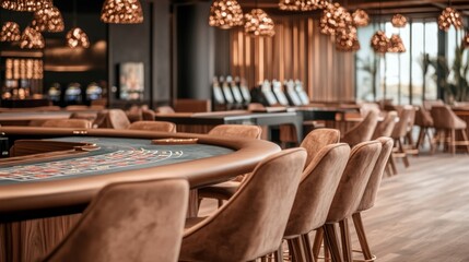A stylish casino interior showcases an inviting roulette table surrounded by plush seating, creating a vibrant environment for gaming enthusiasts