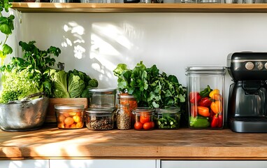 A vibrant kitchen countertop displays fresh vegetables, herbs, and colorful fruits, promoting healthy eating and a wholesome lifestyle.