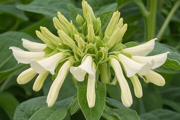 Obraz premium White Flower Blossom Close Up Cream Petals Green Leaves