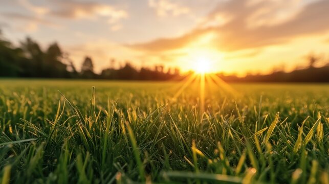 A stunning close-up view of a grassy field lit by the vibrant rays of a sunrise, conveying a sense of calmness and renewal that accompanies the start of a new day. - Powered by Adobe