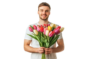 Smiling man holding bouquet of tulips, isolated on transparent background