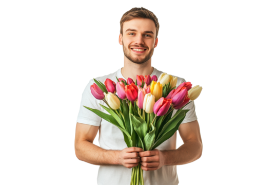 Smiling man holding bouquet of tulips, isolated on transparent background