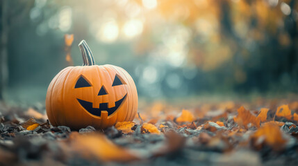 Naklejka premium Halloween Jack o Lantern and leaf border background for copy space.Autumn Halloween pumpkins with nature background. Orange pumpkins over bright autumnal nature background.