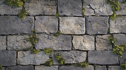 Textured stone wall with green moss growing in crevices