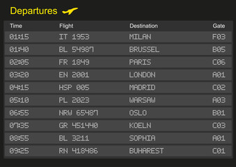 Departures board screen in airport PSD for easy editing. Europe destinations: Milan, London, Mardid, Warsaw, Oslo, Koeln, Sophia, Buharest, Paris, Brussel