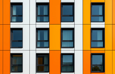 Fototapeta premium Modern building facade with colorful orange and white panels, featuring large windows. design showcases contemporary architectural style, creating vibrant urban aesthetic