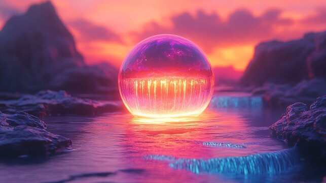 A neon liquid sphere dripping energy into an infinite abyss