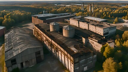 Aerial view of deserted and decaying abandoned factory with rusted rooftops and overgrown surroundings - Powered by Adobe