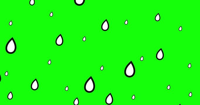 Rain cartoon animation whiteboard green screen. 2D flat elements with black outline good as backdrop for film use. Different size blue drops of water 4k video movie seamless loop.