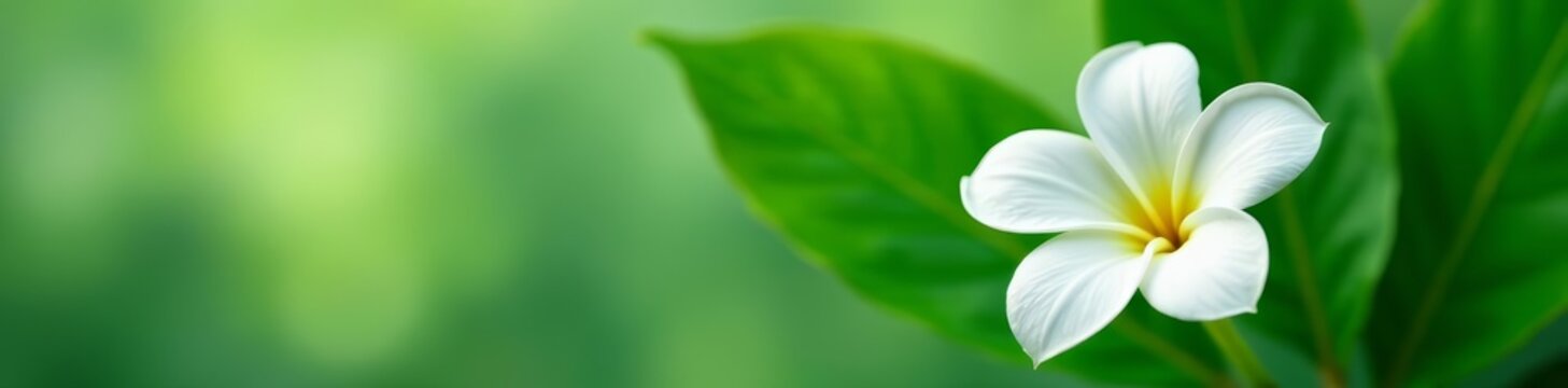 Fresh white tiare tahiti flower with green leaves backdrop, bloom, decorative
