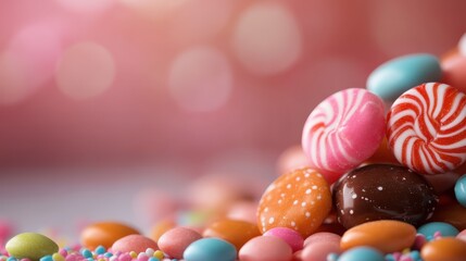 Obraz premium A vibrant assortment of candies displayed on a soft background, showcasing various shapes and colors that evoke a sense of joy and nostalgia in viewers.