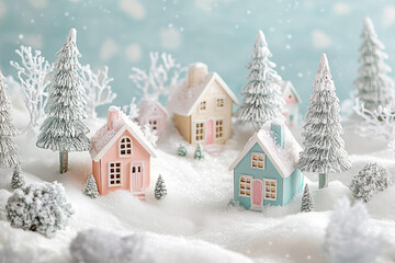 Miniature winter village with pastel houses and snow-covered trees