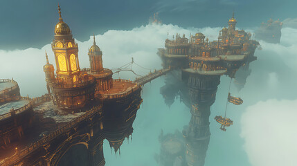 Futuristic sky city with ancient magical technology