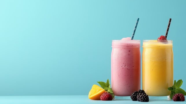 Two delicious smoothies in colorful mason jars, one berry and the other citrus, represent a fresh and healthy choice for anyone seeking vibrant drink options and nutrition.