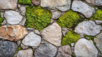 Fototapeta premium A close up image shows a stone wall with moss growing